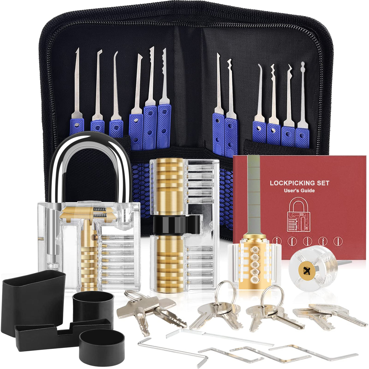 Lock Pick Set, [Difficulty Upgraded] [36 Pcs] Diyife Premium Practice Lock Picking Tools with 4 Transparent Training Padlocks for Lockpicking, Guide for Beginner and Locksmith Training (Blue)