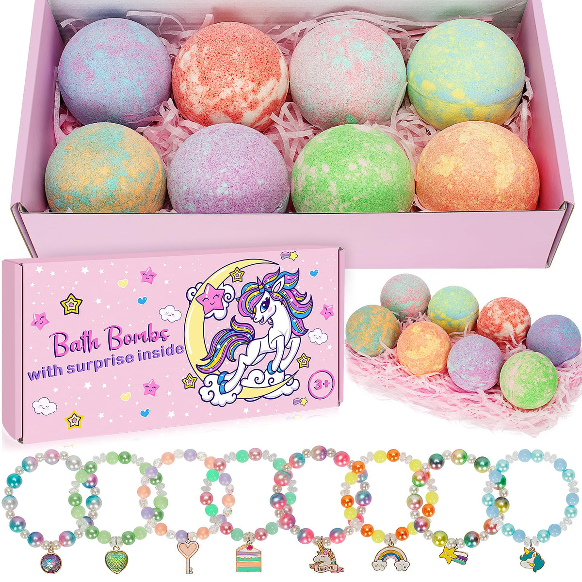 Easter Bath Bombs for Kids, 8 Packs Bath Bubble Bombs Gift with Unicorn & Mermaid Bracelets, Organic Bath Eggs with Surprise Toys Inside, Easter Basket Stuffers for Girls 3 4 5 6 Year Old
