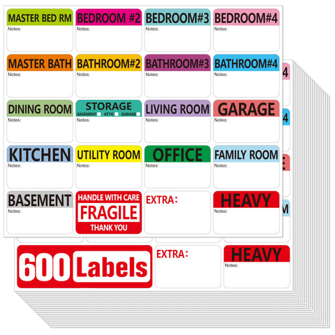 600 PCS Home Moving Labels, 20 Designs Color-Coding Packing Box Labels Pre-Printed Stickers with Writable Notes Areas (Each Measures 2â€ x 3â€)