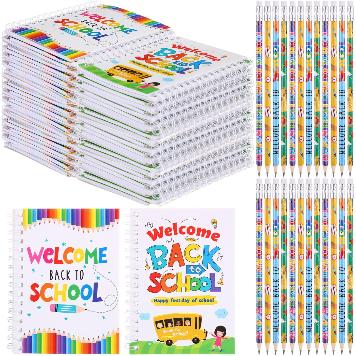 Crtiin 48 Pcs Back to School Gift Set for Kids First Day of School Notebooks Pencils Set Welcome Back to School Pencils with Small Spiral Notepad Party Supplies Decorations Gifts Prize Goodie Bag