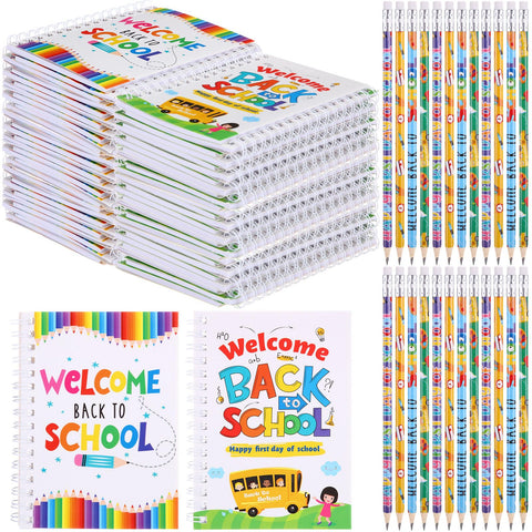 Crtiin 48 Pcs Back to School Gift Set for Kids First Day of School Notebooks Pencils Set Welcome Back to School Pencils with Small Spiral Notepad Party Supplies Decorations Gifts Prize Goodie Bag