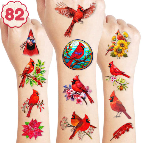 Cardinals Temporary Tattoos - Red Cardinal Birds 80PCS American Christmas Themed Stickers for Kids Birthday Party Supplies, Decorations, Favors, and Prizes - Cute Gifts for Boys and Girls Adults