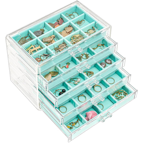 ProCase Earring Holder Organizer Jewelry Box with 5 Drawers, Acrylic Clear Earring Case with Adjustable Velvet Trays for Women - Aqua, 5 Layers
