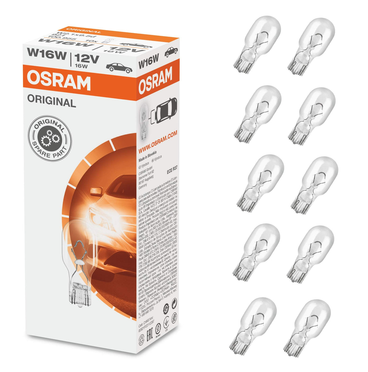 OSRAM 921 fixture with 921 glass clamp base of type W16W, 921, 12V, 10 Blubs