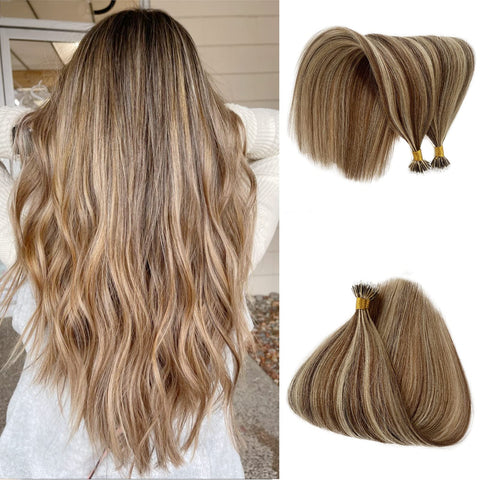 Highlights Nano Bead Human Hair Extensions,Brown Nano Ring Cold Fushion Pre Bonded Keratin Nano tip Remy Hair for Women 50g/50s Medium Brown Highlight Silky Straight Bleach Blonde Hair