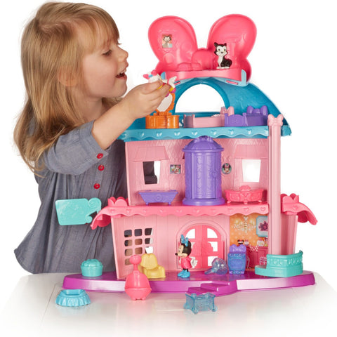 Minnie Mouse's Home Sweet Headquarters is a 4-level dollhouse playset with five rooms of play and features three figures, 12 play pieces, an elevator, and Minnie's magic Turnstyler fashion closet.
