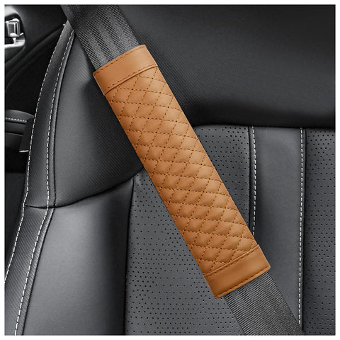 2PCS Car Seat Belt Cover Pad,Soft Leather Seatbelt Covers Breathable Seatbelt Cushion with Plaid Design,All Seasons Universal Car Interior Accessories Seat Belt Cover for Kids & Adults (Brown)