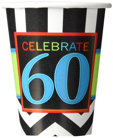 Must-Have Chevron and Stripes 60th Birthday Party Paper Cups Tableware, Pack of 8, Multi , 9 Ounces, Paper