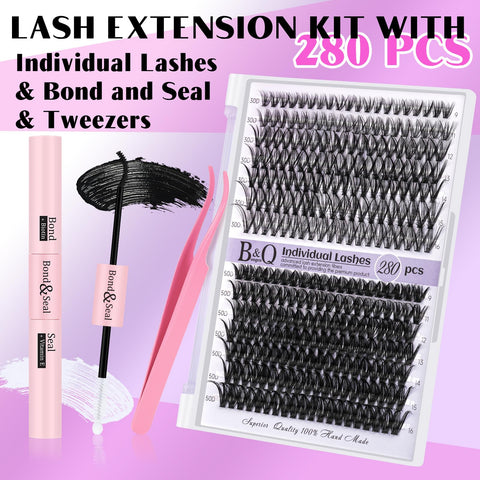 DIY Lash Extension Kit 280pcs Individual Lashes Cluster B&Q D Curl Eyelash Extension Kit Lash Clusters with Lash Bond and Seal and Lash Applicator Tool for Self Application (KIT,30D+50D-D-9-16MIX)