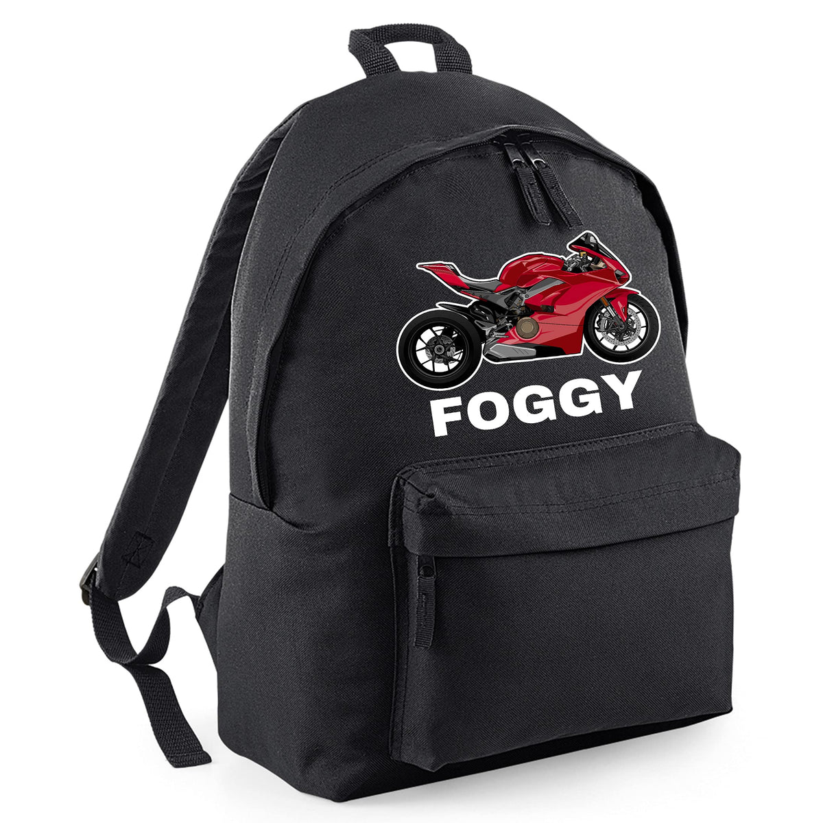 Purple Print House Boys Custom Name Red Sports Bike Backpack - Personalised Back to School Gift Cute Motorbike Motorcycle Present For School Boy - Cool Your Childs Name School Bag Stationary, Black