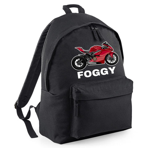 Purple Print House Boys Custom Name Red Sports Bike Backpack - Personalised Back to School Gift Cute Motorbike Motorcycle Present For School Boy - Cool Your Childs Name School Bag Stationary, Black