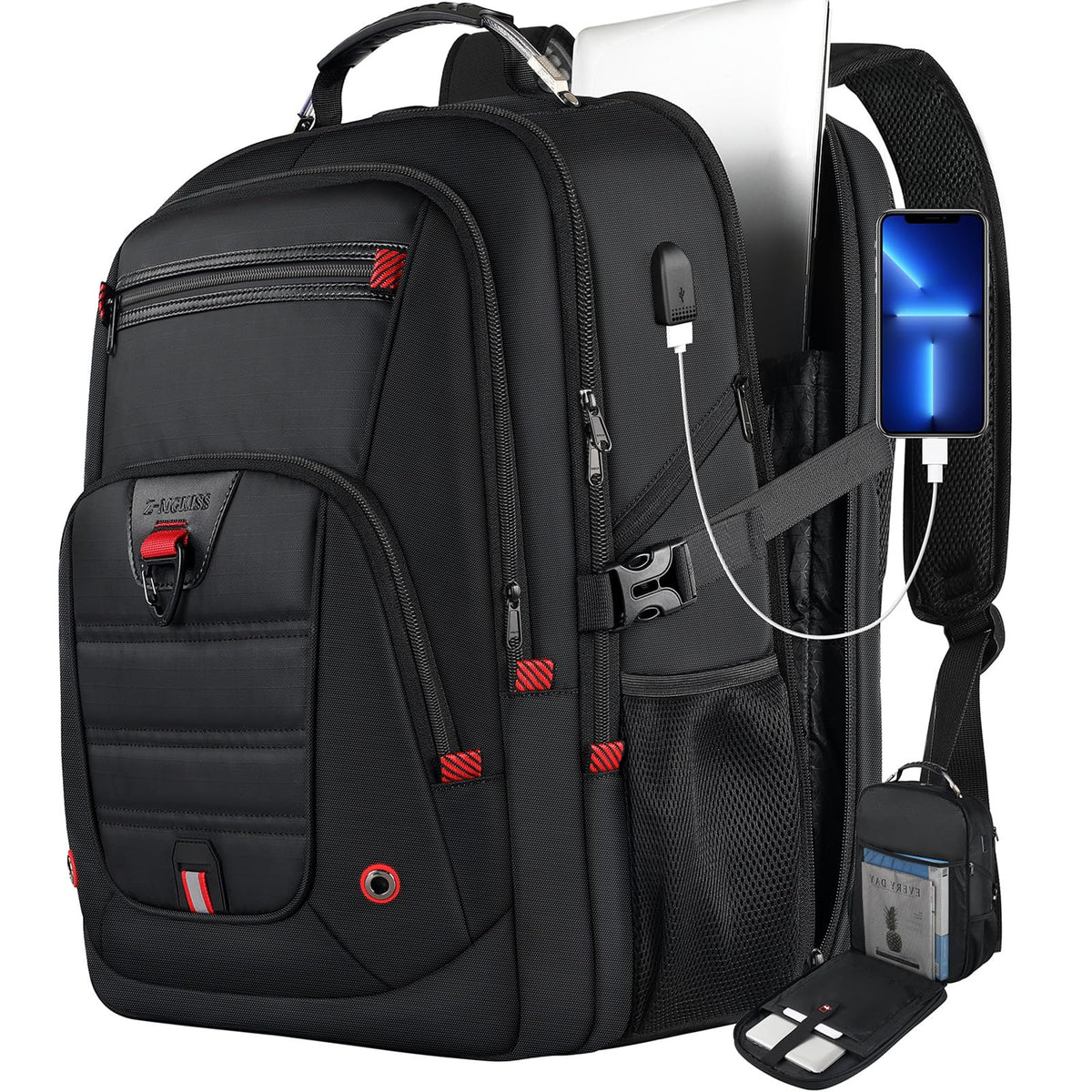 Travel Laptop Backpack, Extra Large Backpack for Men, 50L Overnight Backpack, TSA Flight Rucksack 17.3 Inch, Anti-Theft Business Work Bag with USB Port, Waterproof Big Computer Bag for College, Black