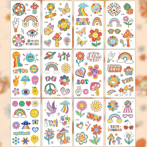 Konsait Groovy 70s Temporary Tattoos for Kids, 90 Pcs Glow in Dark Hippie Tattoos Stickers Flower Rainbow Butterfly Love and Peace Face Tattoos for Girls Flower Power Birthday Party Favor Supplies