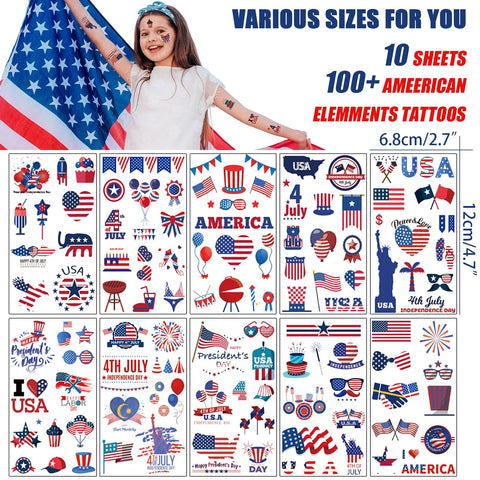 Fourth of July Temporary Tattoo Set Patriotic Decorations Tattoos 10 sheets for Kids and Adults, Red White and Blue American Flag USA Party Supplies 4th of July Memorial Independence Day