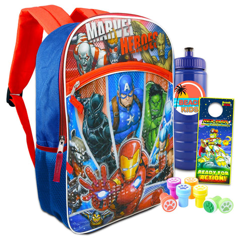 Avengers Backpack for Boys 8-12 Set - 16" Marvel Avengers Backpack Bundle with Water Bottle, Stickers, Stampers, More | Avengers School Supplies