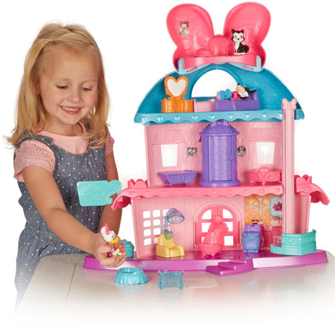 Minnie Mouse's Home Sweet Headquarters is a 4-level dollhouse playset with five rooms of play and features three figures, 12 play pieces, an elevator, and Minnie's magic Turnstyler fashion closet.