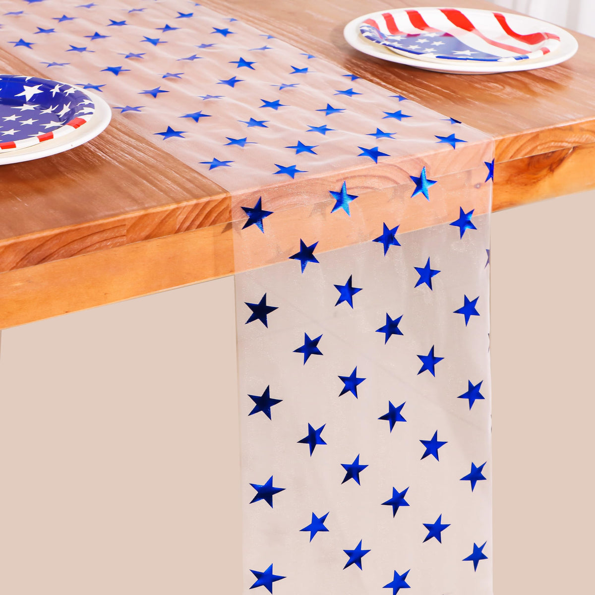 Snowkingdom 2 Pieces 4th of July Memorial Day Table Runner 11x108 Inches, Glitter Thin Mesh Blue Star Runner Patriotic Independence Day Holiday Dining Table Decorations