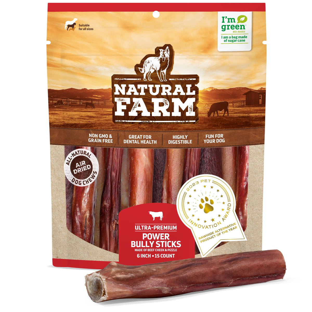 Natural Farm Power Bully Sticks Dog Chews (6ÃƒÆ’Ã‚Â¢ÃƒÂ¢Ã¢â‚¬Å¡Ã‚Â¬Ãƒâ€šÃ‚Â,15-Pack), 2-in-1 Power Chews: Premium Beef Cheek Wrapped in Beef Pizzle, Long-Lasting, Great Dog Dental Treats for Small, Medium & Large Dogs