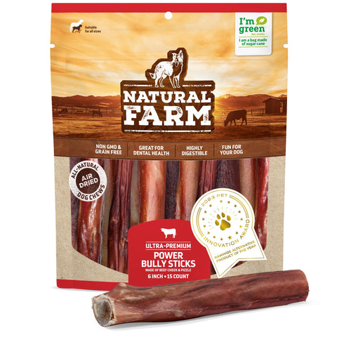 Natural Farm Power Bully Sticks Dog Chews (6ÃƒÆ’Ã‚Â¢ÃƒÂ¢Ã¢â‚¬Å¡Ã‚Â¬Ãƒâ€šÃ‚Â,15-Pack), 2-in-1 Power Chews: Premium Beef Cheek Wrapped in Beef Pizzle, Long-Lasting, Great Dog Dental Treats for Small, Medium & Large Dogs