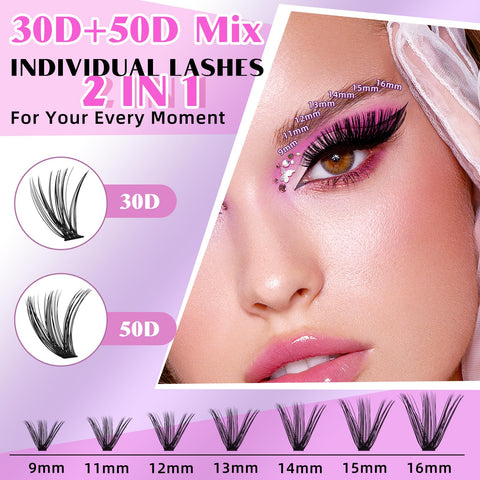 DIY Lash Extension Kit 280pcs Individual Lashes Cluster B&Q D Curl Eyelash Extension Kit Lash Clusters with Lash Bond and Seal and Lash Applicator Tool for Self Application (KIT,30D+50D-D-9-16MIX)
