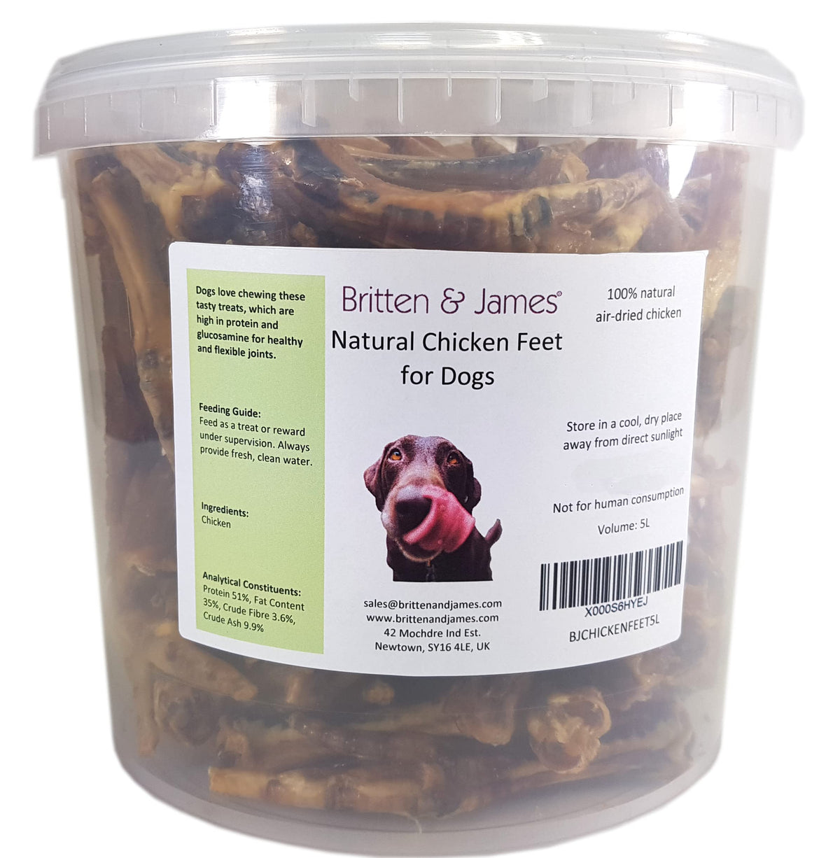 Britten & James Natural Dried Chicken Feet for Dogs (1kg in a resealable tub). High in protein and trace elements. Helps to remove tartar and reduce bad breath