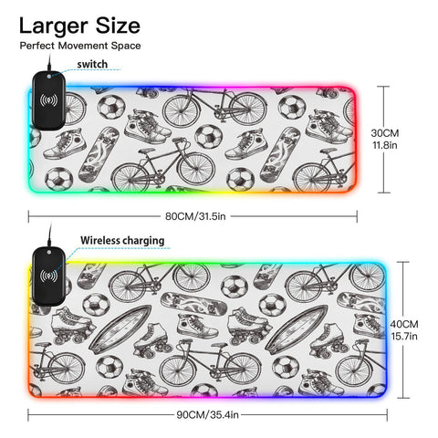 Football Bike Skateboard Skating Wireless Charging Mouse Pad for Mobile Phone Extra Large Gaming Mousepad with 13 Lighting Modes Computer Mat for Gaming MacBook PC Laptop Desk Home Office