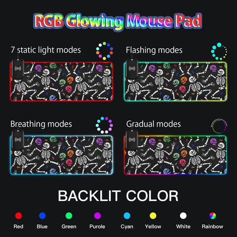 Dancing Skeletons Skulls Wireless Charging Mouse Pad for Mobile Phone Extra Large Gaming Mousepad with 13 Lighting Modes Computer Mat for Gaming MacBook PC Laptop Desk Office Home