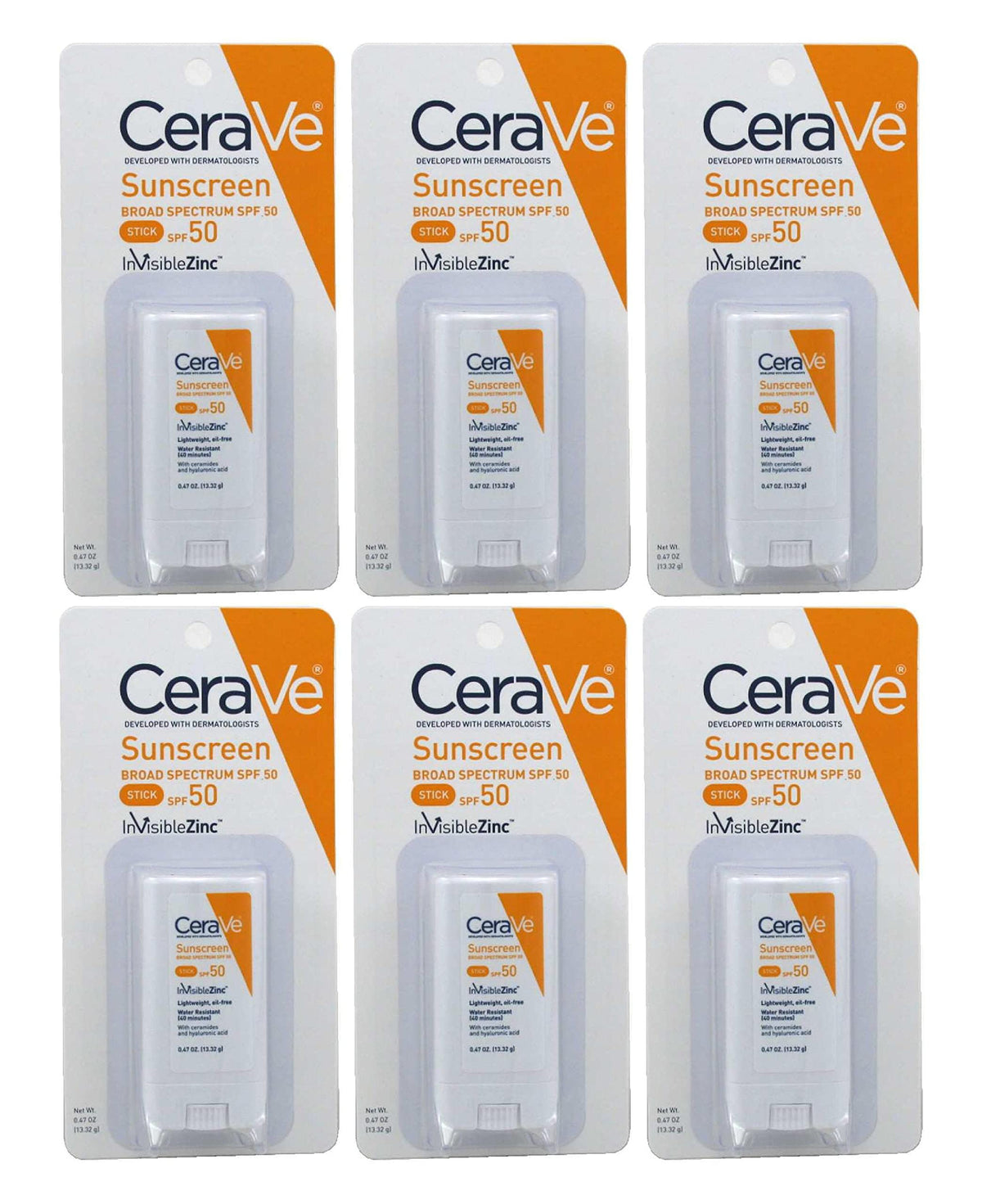 Cerave Sunscreen Invisible Zinc Spf#50 Stick 0.47 Ounce (Pack of 6)