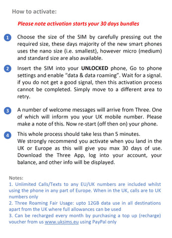 Three UK New PrePaid Europe UK Three SIM Card 25GB Data Un Minutes/Texts for 30 Days with Free Roaming/USE in 71 Destinations Including Europe, South America and