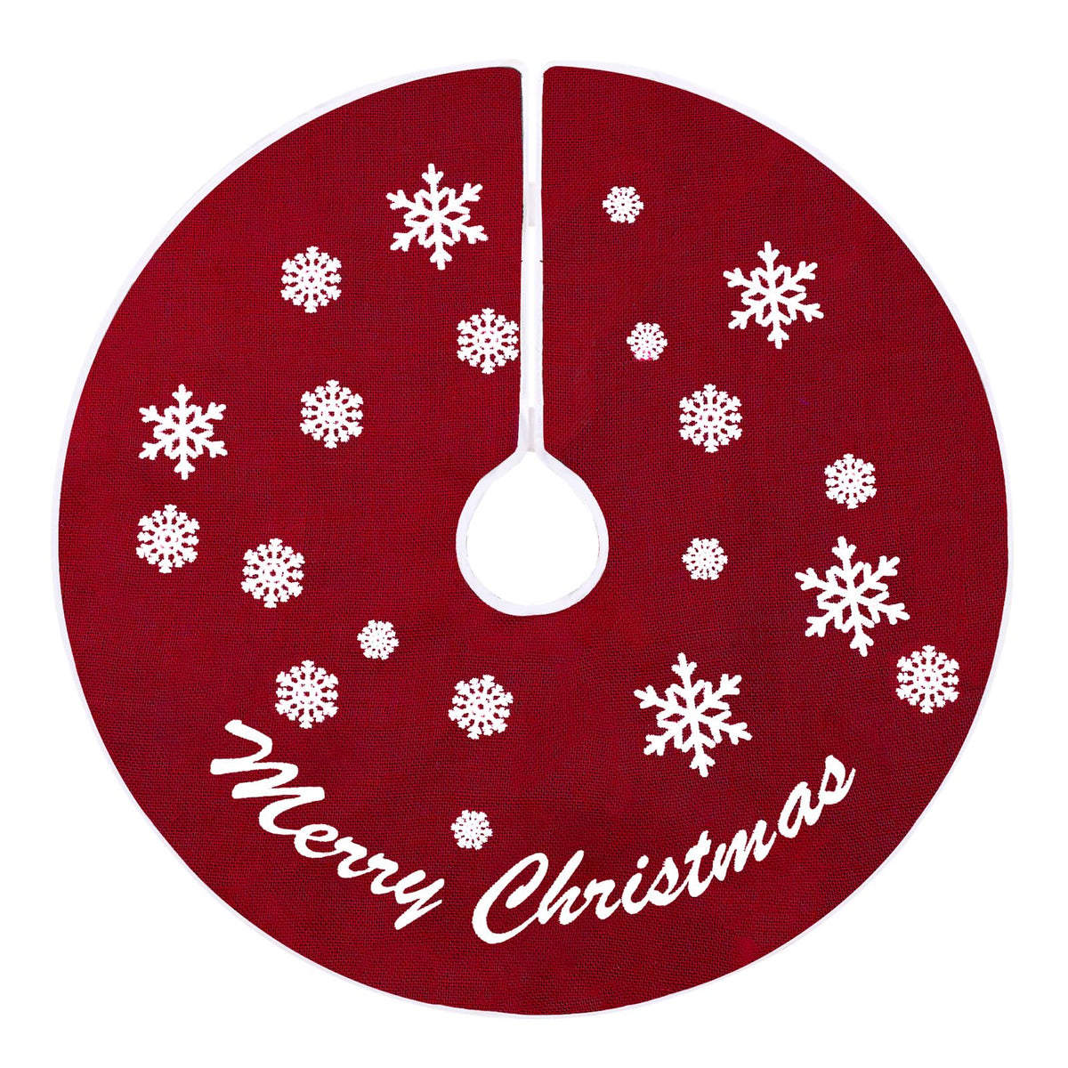MACTING Burlap Christmas Tree Skirt, Red Jute Tree Stand Cover with White Snowflake Base for Christmas Tree Decoration