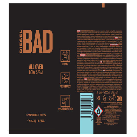 Diesel Bad Deodorizing Body Spray for Men, Seductive, Fresh, Masculine and Sexy Scent, Notes of Bergamot, Tobacco and Caviar Accord