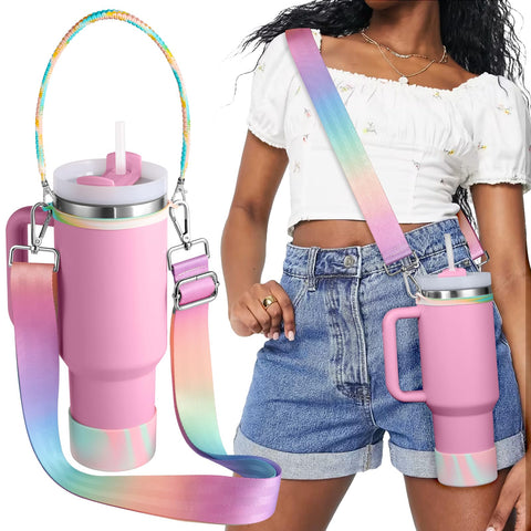 Toykee Cup Straps Carrier with Boot for Stanley 40 30 oz - Water Bottle Shoulder Handle Holder Sling Crossbody Lanyard for Tumbler Cute Colorful Rainbow Silicone Carrying Accessories Set