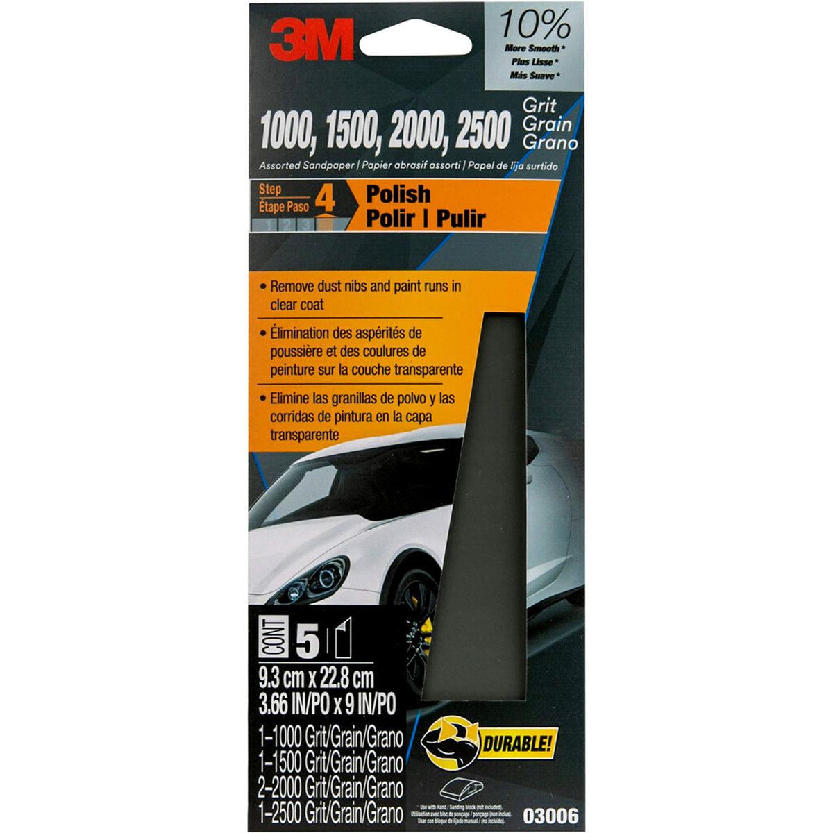 3M Wetordryâ„¢ Sandpaper, 5 Sheets, 3-2/3 in x 9 in, Assorted Grits (1000 / 1500 / 2000 / 2500), Use for Wet and Dry Sanding, Longer Lasting Sandpaper, Great for Auto Body Repair, Smooth Finish (03006)