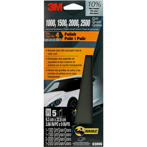 3M Wetordryâ„¢ Sandpaper, 5 Sheets, 3-2/3 in x 9 in, Assorted Grits (1000 / 1500 / 2000 / 2500), Use for Wet and Dry Sanding, Longer Lasting Sandpaper, Great for Auto Body Repair, Smooth Finish (03006)