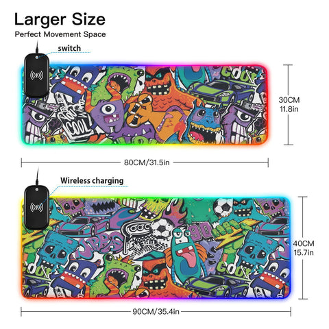 Cartoon Monsters Wireless Charging Mouse Pad for Mobile Phone Extra Large Gaming Mousepad with 13 Lighting Modes Keyboard Mat for Office Home Gaming MacBook PC Laptop Desk