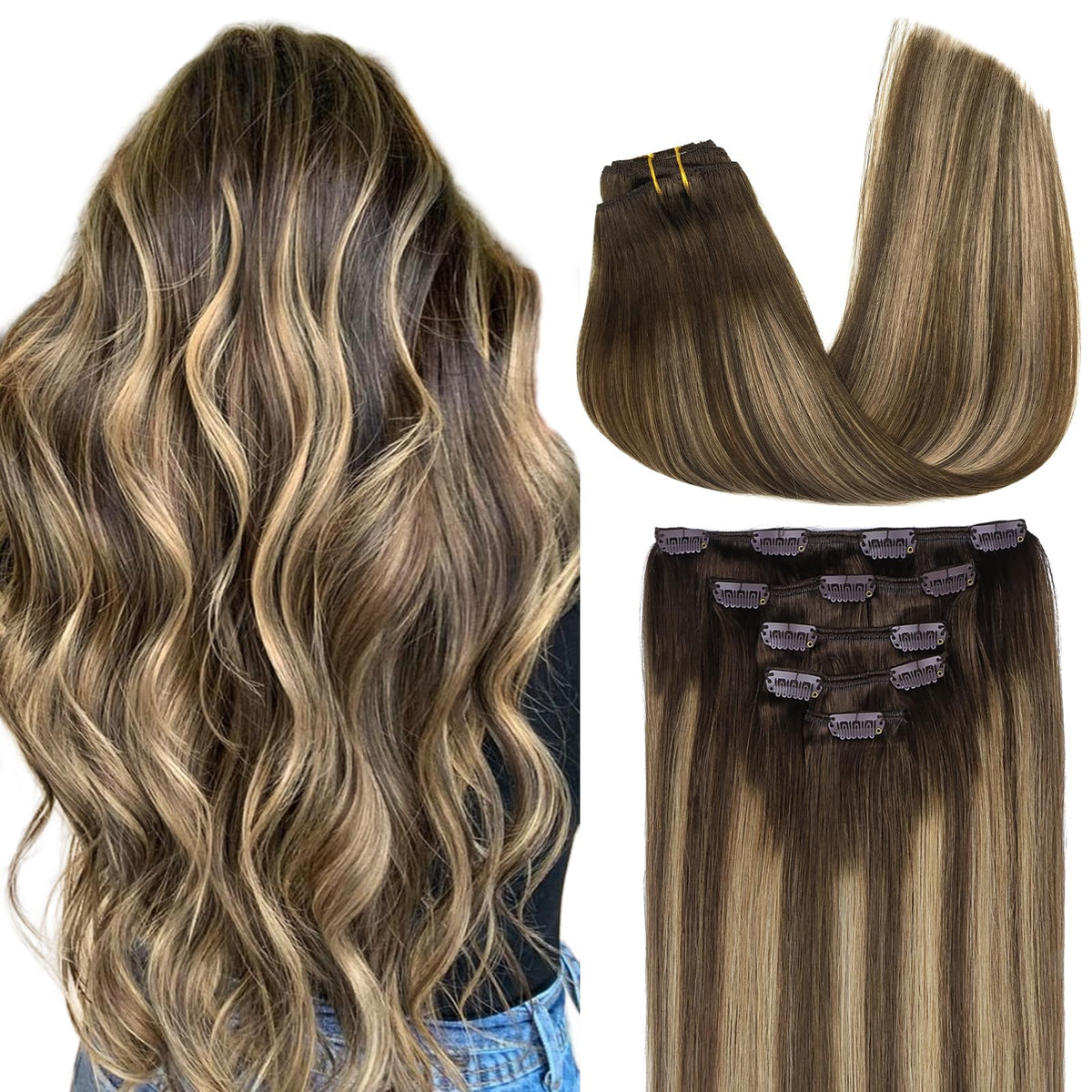 MAXITA Clip in Hair Extensions Real Human Hair, 5pcs 80g Balayage Chocolate Brown to Caramel Blonde 20 Inch, Hair Extensions Real Human Hair Long Straight Natural Hair for Woman