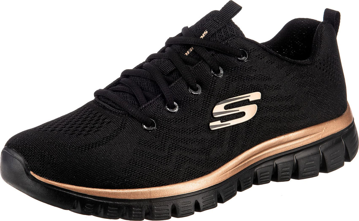 Skechers Women's Low-Top Trainers Sneaker, Black Mesh Rose Gold Trim, 7