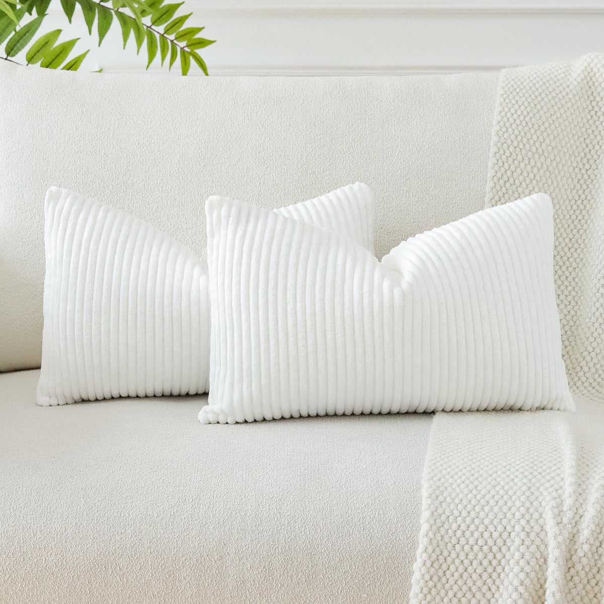 JOTOM Corduroy Soft Striped Throw Pillow Covers 40x60 cm Boho Decorative Pillow Covers Lumbar Pillowcase Couch Home Decor Cushion Covers for Sofa Bedroom 16x24 Inch Set of 2 (Cream White)