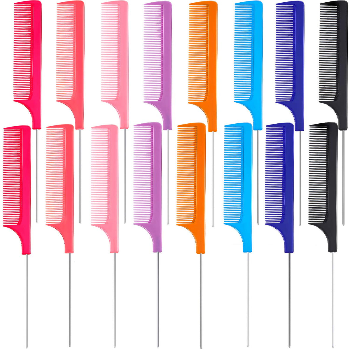 16 Pieces Rat Tail Comb Foiling Combs Steel Pin Rat Tail Fiber Heat Resistant Teasing Combs with Stainless Steel Pintail for Women Girls Hair Styling