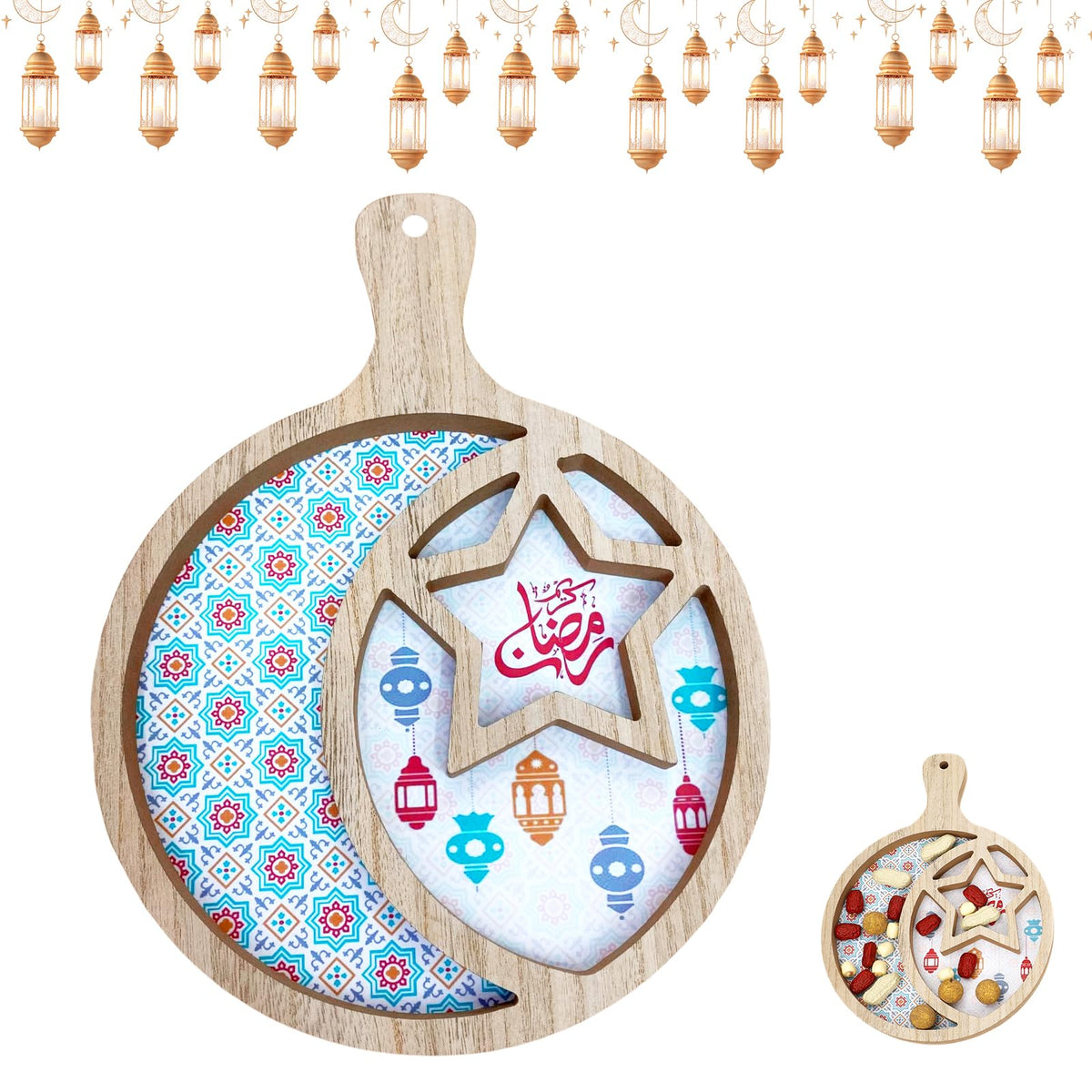 Ramadan Wood Tray, Ramadan Round Wooden Pallet with Handle, Wooden Moon Star Serving Plate, Ramadan Wood Dessert Tray, Moon Star Tray, Eid Mubarak Food Serving Tray for Party Supplies (Brown-B)