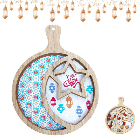 Ramadan Wood Tray, Ramadan Round Wooden Pallet with Handle, Wooden Moon Star Serving Plate, Ramadan Wood Dessert Tray, Moon Star Tray, Eid Mubarak Food Serving Tray for Party Supplies (Brown-B)