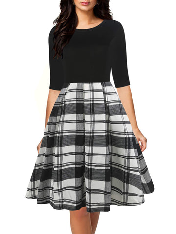 oxiuly Women's Vintage Half Sleeve O-Neck Contrast Casual Pockets Party Swing Dress OX253 (B-W Plaid, L)