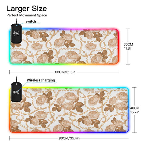 Golden Chains Beige Roses Wireless Charging Mouse Pad for Mobile Phone Extra Large Gaming Mousepad with 13 Lighting Modes Mouse Mat for Gaming MacBook PC Laptop Desk Office Home