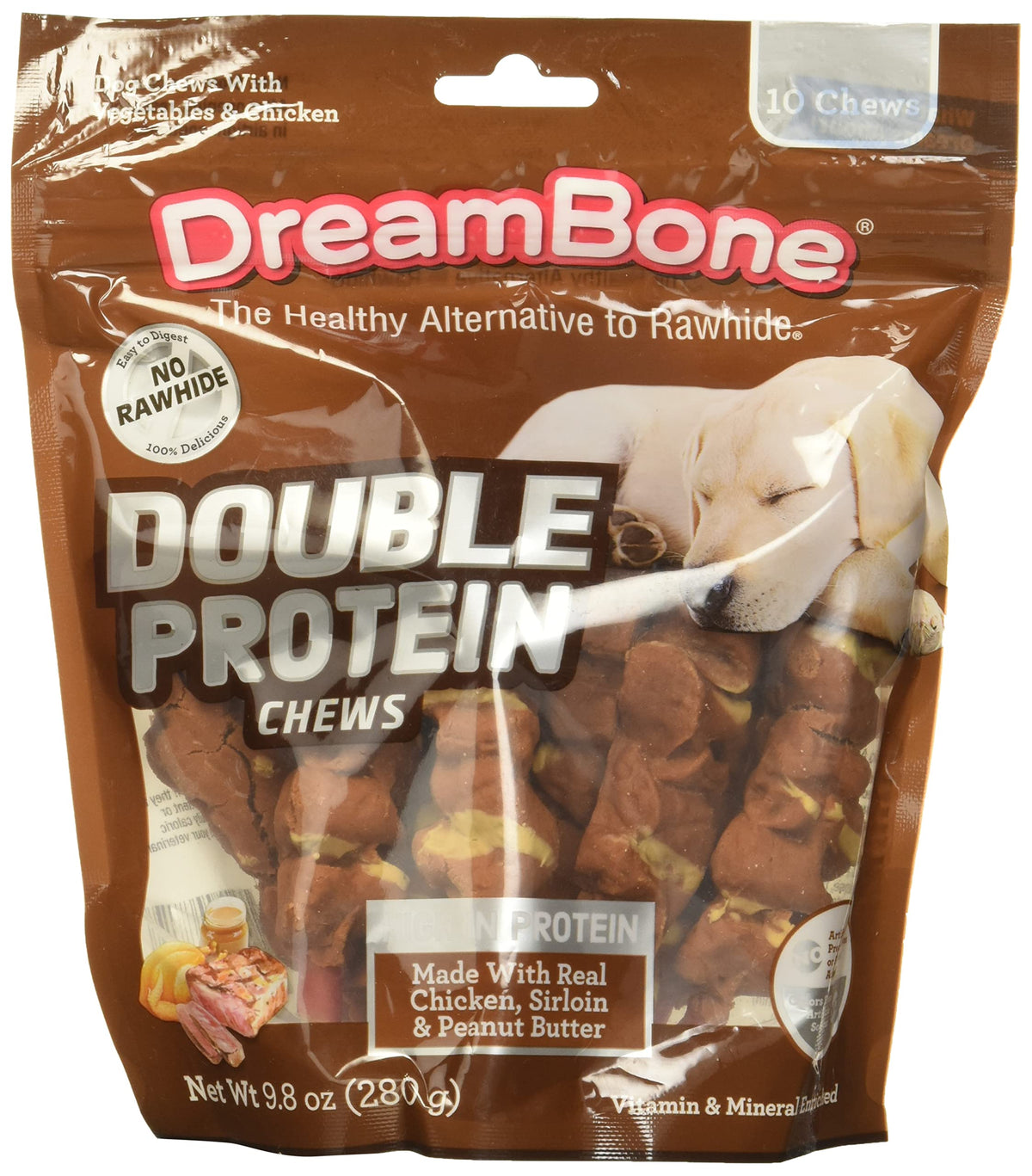 Dreambone Double Protein Chews Made with Real Chicken, Sirloin and Peanut Butter, 10 Count, Rawhide-Free Chews for Dogs, 9.80 Ounce (Pack of 1)