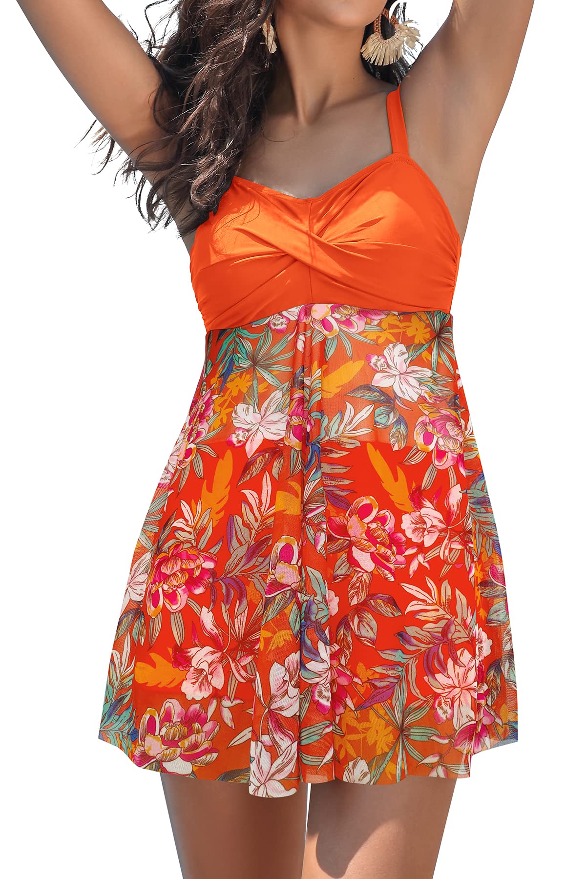 SHEKINI Women's Twist Front One Piece Swimsuit Dress Net Yarn Printing Bathing Suit?Fluorescent Orange-Printing?M?