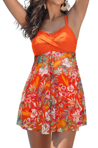 SHEKINI Women's Twist Front One Piece Swimsuit Dress Net Yarn Printing Bathing Suit?Fluorescent Orange-Printing?M?