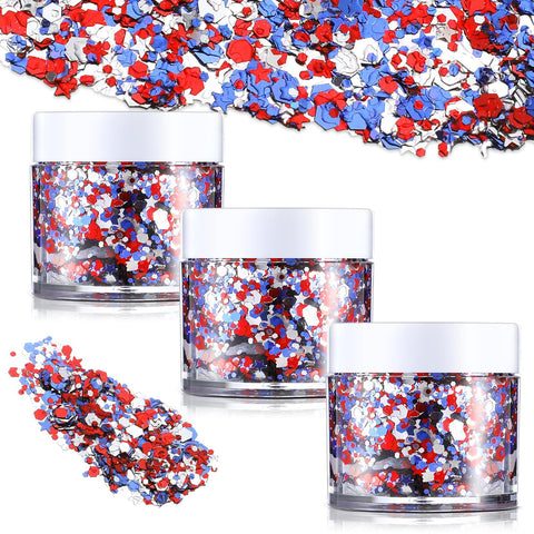 Swiffen 3 Pcs Independence Day Face Glitter Chunky Glitter with Gel Patriotic Memorial Day Body Glitter 4th of July Accessories for Women Face Paint Makeup Decorations(Red, White, Blue)