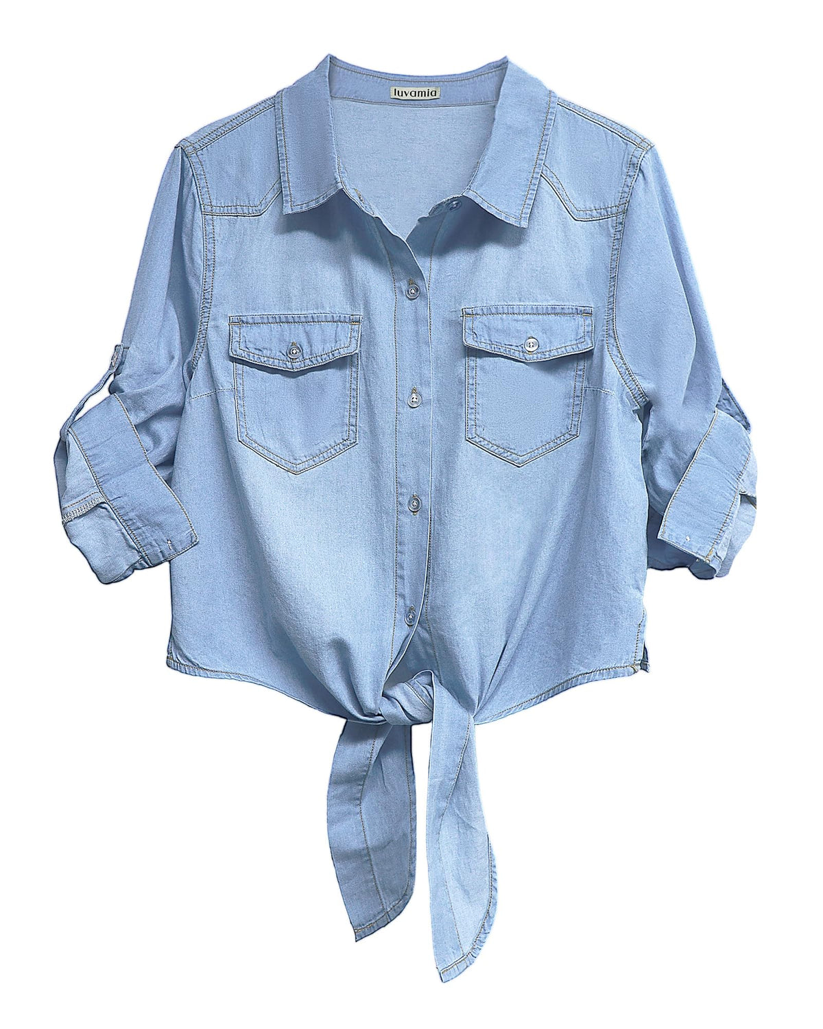 luvamia Womens Western Shirts Blusas Manga 3/4 Para Mujer Light Blue Denim Shirt Women Shirts for Women Dressy Casual Chambray Shirt Women 3/4 Sleeve Denim Shirt Cool Blue Large Fits Size 12 / Size 14