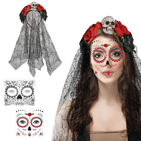 Halloween Day of the Dead Headband Veil and Face Tattoos, Day of the Dead Hair Band, Flower Crown, Halloween Day of the Dead Roses Headband, Mexican Flowers Headband for Women