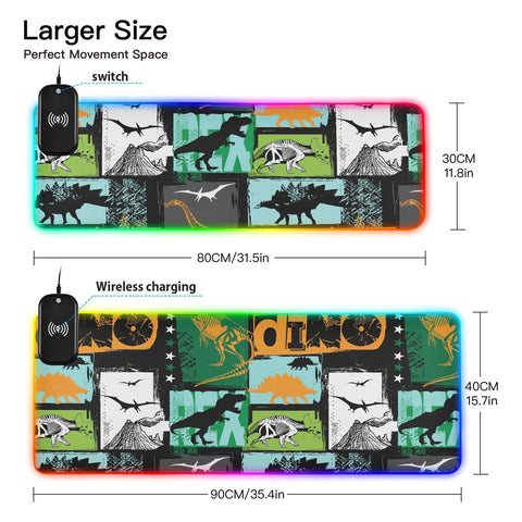 Dinosaurs Wireless Charging Mouse Pad for Mobile Phone Extra Large Gaming Mousepad with 13 Lighting Modes Computer Mat for Office Home Gaming MacBook PC Laptop Desk